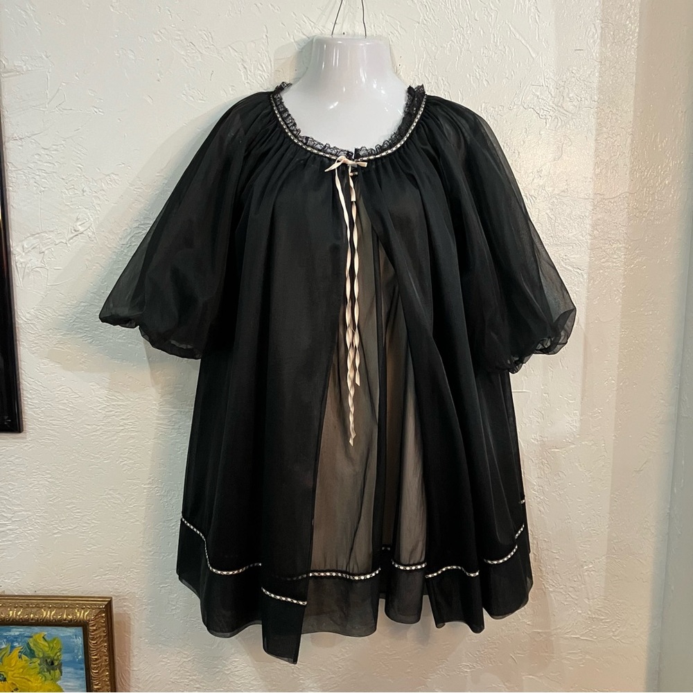 1960s Vintage Black Chiffon Peignoir Nightgown Li… - image 1
